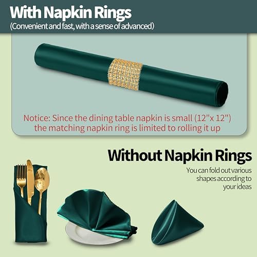 Dark Green Satin Napkins and Napkin Rings Set,100 Pack,12 x 12 Inch - Image 2