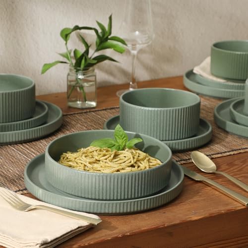 Gibson Elite Deerfield 16-Piece Stoneware Dinnerware Set – Matte Green Stackable Plates and Bowls, Reactive Glaze Finish, Service for 4 – Microwave & Dishwasher Safe - Image 5