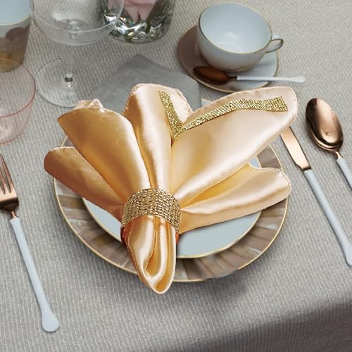 VIJIV 12 Pack Cloth Napkins and Gold Napkin Rings Set of 6, 17x17 Bling Trim Satin Cocktail Napkins Cloth Washable Personalized Dinner Napkins for Wedding Party Holiday Decorative - Image 5