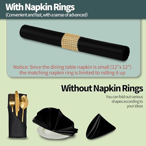 Black Satin Napkins and Napkin Rings Set, 100 Pack, 12 x 12 Inch - Image 2