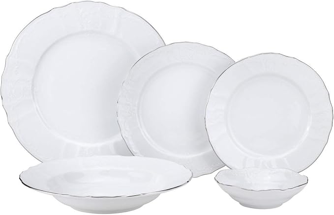 Euro Porcelain 20-pc Luxury Dinnerware Set w/Platinum Silver Ornament, HQ Dining Tableware Service for 4 (Bernadette wht.)