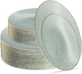 PLASTICPRO 64 Pack Elegant Disposable Plastic Plates Combo Set Includes 32 Dinner Plates and 32 Salad Plate Heavy Duty Fancy Party Plate Green Granite Plates with Gold rim by PLASTICPRO