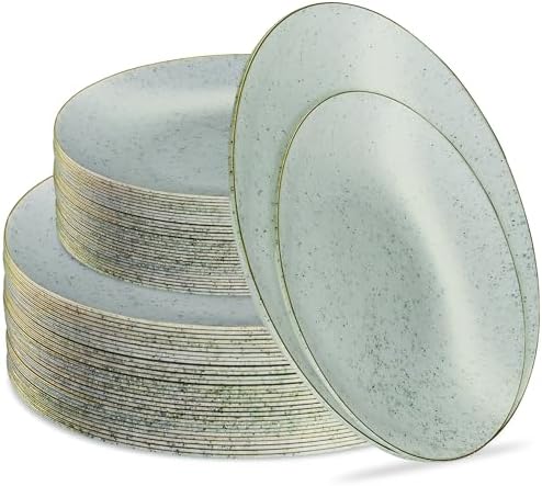 PLASTICPRO 64 Pack Elegant Disposable Plastic Plates Combo Set Includes 32 Dinner Plates and 32 Salad Plate Heavy Duty Fancy Party Plate Green Granite Plates with Gold rim by PLASTICPRO