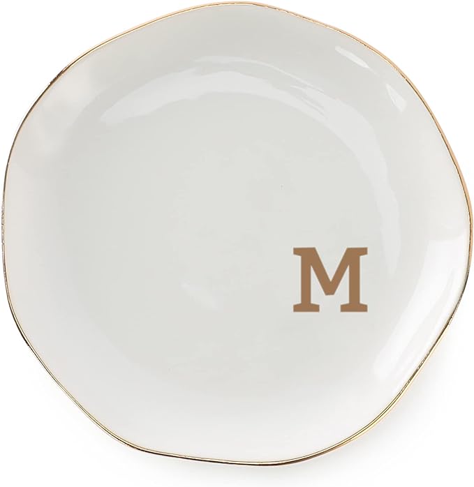 Initials Ring Dish Jewery Tray with Personalized M-Monogrammed Mother's Day Gifts Wedding Engagement for Women Friends sister,Ceramic White