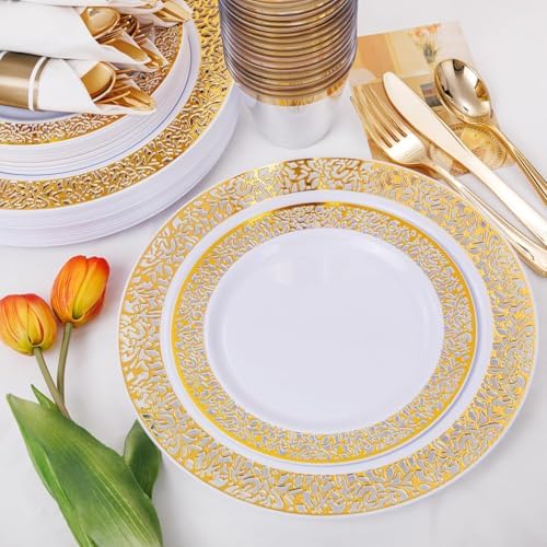 WELLIFE 175Pcs Gold Dinnerware Sets, Include:25 Dinner Plates, 25 Dessert Plates, 25 Paper Napkins, 25 Cups, 25 Plastic Cutlery Set - Image 6
