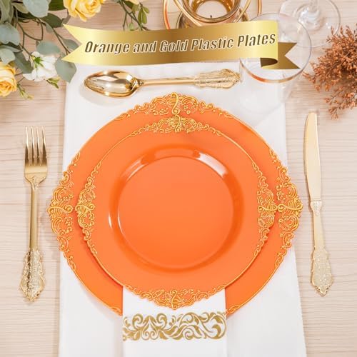 Nervure 175Pcs Orange Plastic Plates, Plastic Dinnerware Set for 25 Guests - Image 6