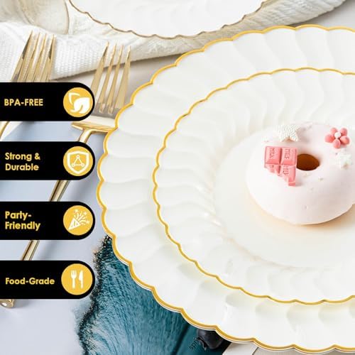 Lullaby 96PCS Ivory Scalloped Plastic Plate with Gold Rim for Party Wedding - Image 4