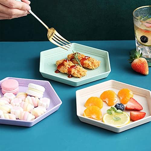 Incauca 5 Pack 6 Inch Lightweight Mini Wheat Straw Plates, Reusable Hexagon Dessert Plates, Small Saucers Plates, Plastic Side Dish Plates for Serving Snack Appetizer Salad Fruit, Assorted Colors - Image 4