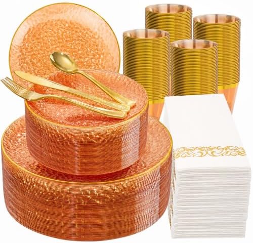 DaYammi 350PCS Clear Orange Plastic Dinnerware Set for 50 Guests by DaYammiwillaccompanyyou