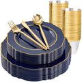 Liacere 150Pcs Navy Blue Plastic Plates-Blue Gold Disposable Plates Set-Blue Gold Rim Disposable Plastic Dinnerware include 50Plates,25Pack Silverware and 25Cups for Wedding/Party/Halloween/Labor Day by Liacere