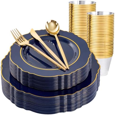 Liacere 150Pcs Navy Blue Plastic Plates-Blue Gold Disposable Plates Set-Blue Gold Rim Disposable Plastic Dinnerware include 50Plates,25Pack Silverware and 25Cups for Wedding/Party/Halloween/Labor Day by Liacere