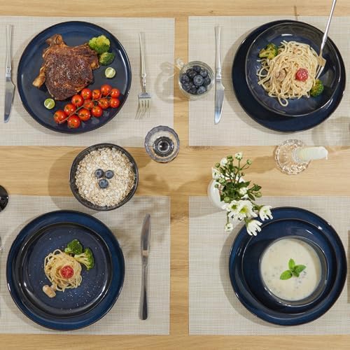 Pokini 24 Pieces Dinnerware Set for 6 with Pasta Bowls, Complete Ceramic Dish Set, Stackable & Glossy Stoneware Plate and Bowl Set for Effortless Everyday Hosting, Starry Blue - Image 6