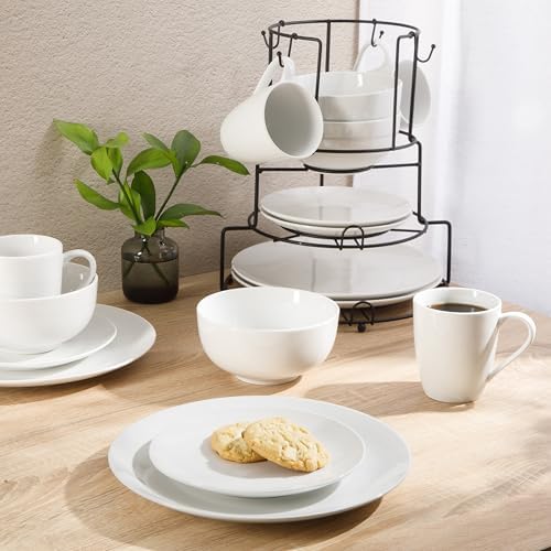 Gibson Home Summit View 17-Piece Porcelain Plates and Bowls Set W/Metal Rack - Plates, Bowls & Mugs Dinnerware Set for 4 - White - Image 2