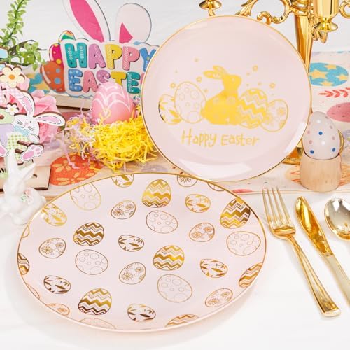 Liacere 150Pcs Easter Plates with Gold Bunny - Pink Plastic Dinnerware Includes 30 Egg and Rabbit 30 Dessert Plates, 30 Forks, 30 Spoons,30 Knives for Easter Party - Image 6