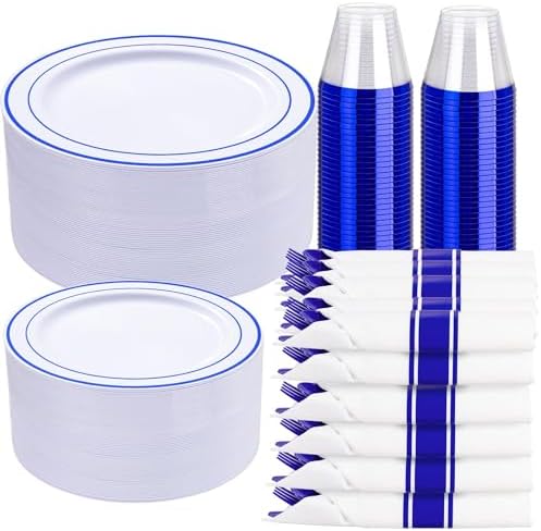 WELLIFE 350 Pieces Blue Plastic Plates - Disposable Silverware and Cups, Include: 50 Dinner Plates 10.25”, 50 Dessert Plates 7.5”, 50 Blue Cups 9 OZ, 50 Plastic Cutlery by WELLIFE