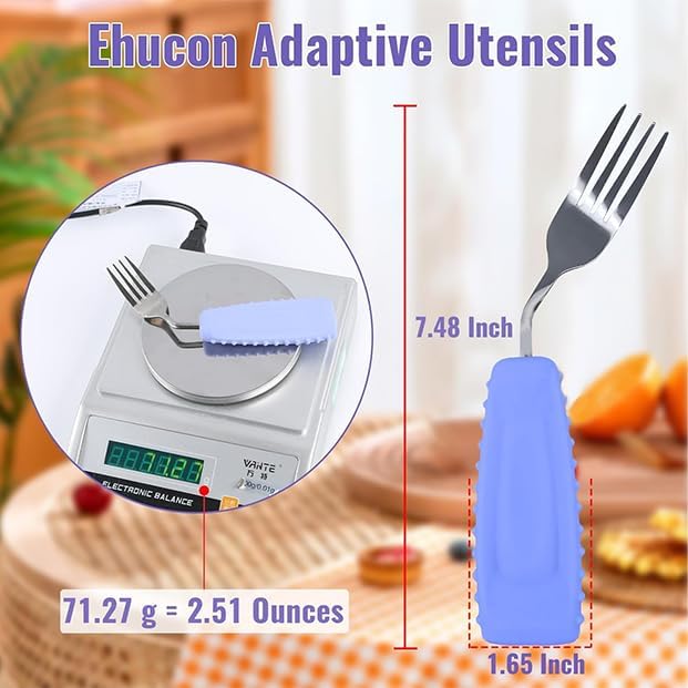 Adaptive Utensils Angled Spoon and Fork for Hand Tremors Parkinsons,Weighted Utensils with Non-Slip Easy Grip Handles for Independent Eating (1pcs Spoon+1pcs Fork=2 pcs,Purple,Left Hand)