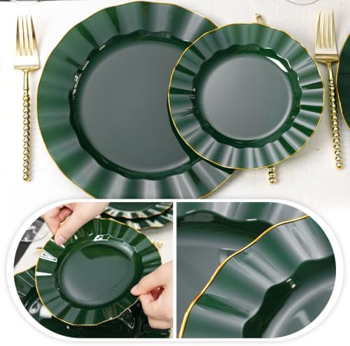 120PCS Dark Green Plastic Plates, Wavy Plates with Gold Rim - Image 4