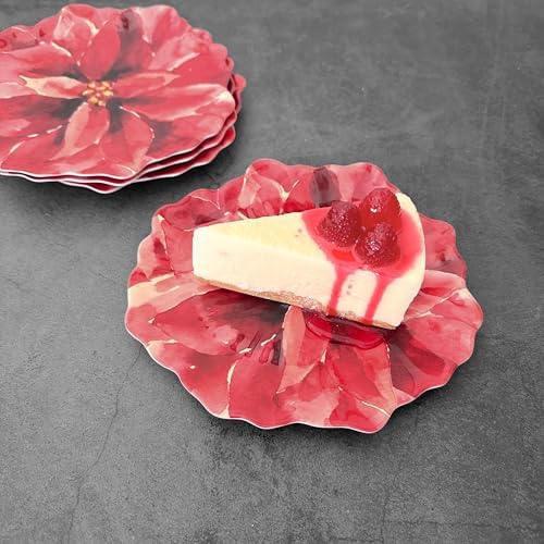 UP Poinsettias Melamine Dessert Plates, Floral-Shaped Small Serving Plates, for Appetizer, Snacks, and Side Dishes, Red, 7.5 x 7 Inch, Set of 4 - Image 5