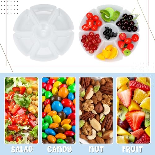 Zhehao 6 Pcs Plastic Divided Serving Trays with 60 Pcs Disposable Fork, 7 Compartments Round Chip Dip Plate, Petal Shape Platter, 10.6'' Snacks Serving Dish for Party Candy Nuts Fruits (White) - Image 3