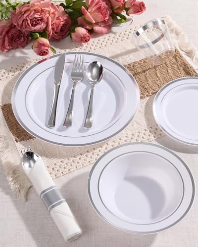 Goodluck 400 Piece Silver Plastic Dinnerware Set for 50 Guests - Image 5