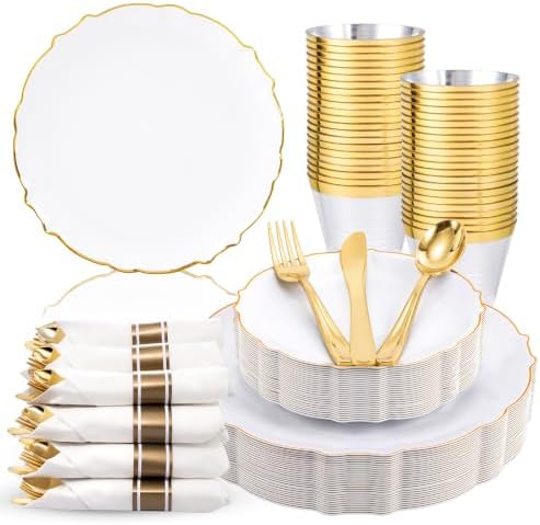 bUCLA 175PCS White and Gold Plastic Plates - 25 Guests for Party, Wedding by BUCLA