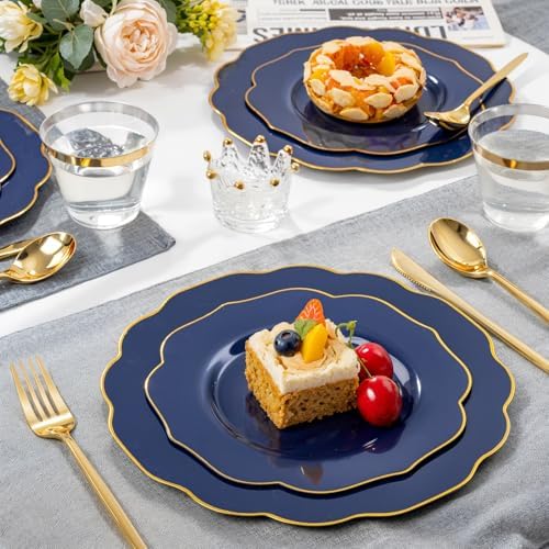 bUCLA 180PCS Blue Plastic Plates - Navy Blue and Gold Rim Disposable Include 30 Each (Dinner & Dessert) Plates, 30 Knives, 30 Forks, 30 Spoons and 30 Cups, Ideal for Party & Labor Day - Image 4