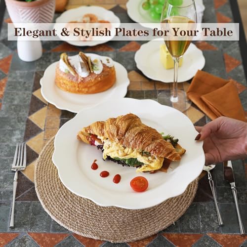 10.5” White Porcelain Large Dinner Plates Leave Wave Rim Set of 8 - Image 5