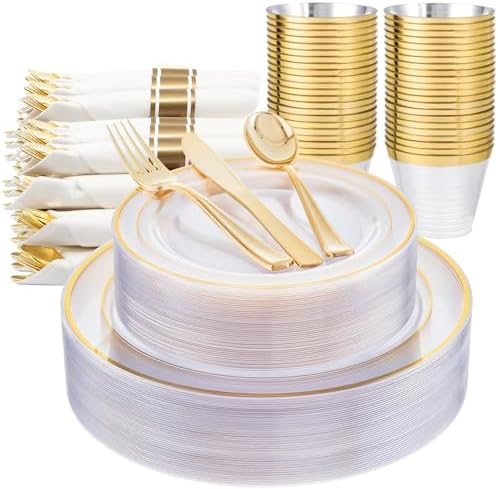 WELLIFE 350PCS Clear-Gold Plastic Plates - 100 Disposable Plates, 150Plastic Silverware, 50 Cups, 50 Napkins for Wedding & Party by WELLIFE