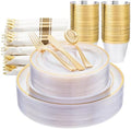 WELLIFE 350PCS Clear-Gold Plastic Plates - 100 Disposable Plates, 150Plastic Silverware, 50 Cups, 50 Napkins for Wedding & Party by WELLIFE
