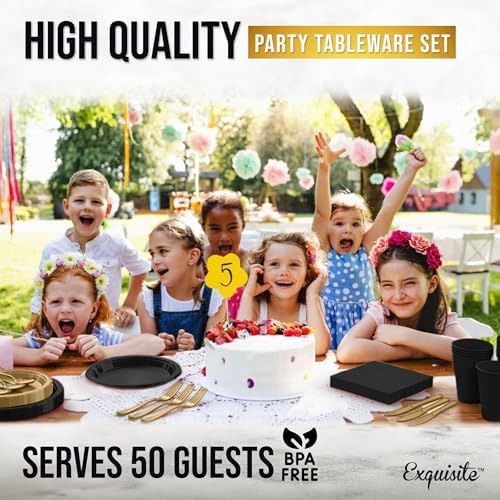 Exquisite 350 Pcs Black & Gold Plastic Plates for Party Black & Gold Disposable Plates Set 50 of Each 9 Dinner Plate Set 7 Dessert Plate Cups Napkins & Cutlery Plastic Dinnerware - Image 6