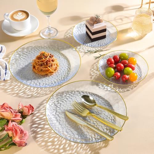 realluck 100Pcs Clear Blue Plastic Plates with Gold Rim - Image 2