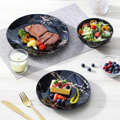 LOVECASA Plates and Bowls Sets for 4, 12 Pieces Porcelain Dinnerware Sets, Black and Gold Dish Set Gold Splash Dishware Sets, Dishwasher Microwave Safe - Image 5