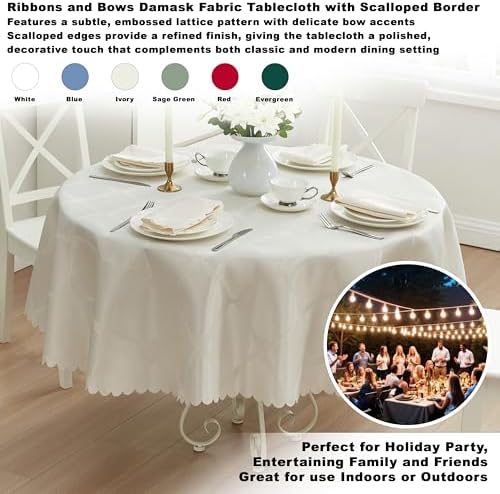 Newbridge Ribbons and Bows Damask Fabric Tablecloth, Ivory, 90 Inch Round, Wrinkle & Stain Resistant Table Cover - Image 2