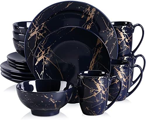 LOVECASA Porcelain Dinnerware Sets for 4, 16 PCS Plates and Bowls Set, Color Glaze with Gold Plate Dish Set, Dinner Sets with Dinner Plates, Dessert Plate, Bowls and Mugs, Dark Blue by LOVECASA