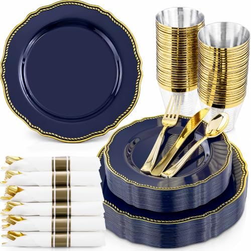 Hioasis 175 Pcs Blue Gold Plastic Plates Wedding & Party by Hioasis