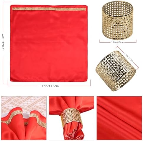 VIJIV 12 Pack Cloth Napkins and Gold Napkin Rings Set of 6, 17x17 Bling Trim Satin Cocktail Napkins Cloth Washable Personalized Dinner Napkins for Wedding Party Holiday Decorative - Image 4