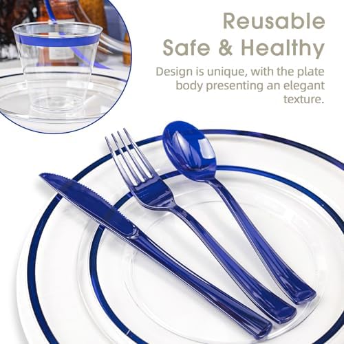 N9R 600PCS Clear Blue Plastic Plates, Disposable Dinnerware Set for Party - Image 5