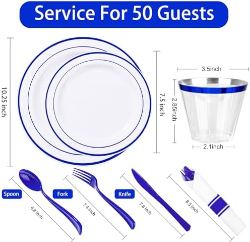 WELLIFE 350 Pieces Blue Plastic Plates - Disposable Silverware and Cups, Include: 50 Dinner Plates 10.25”, 50 Dessert Plates 7.5”, 50 Blue Cups 9 OZ, 50 Plastic Cutlery - Image 2