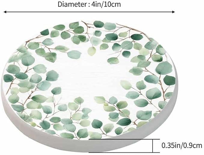 Eucalyptus Round Leaf Coasters Set for Wood Table Green Branches and Leaves Twig Natural Plant Foliage Tabletop Protection Mat for Mugs and Cups 4 Inch for Kitchen Office Home