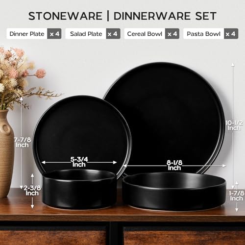Onader 16 Piece Dinnerware Sets with Serving Bowls for 4, Stoneware Plates and Bowls Dish Sets, Ceramic Dinner Ware Dishware for Kitchen Dining, Chip & Scratch Resistant - Ebony Black - Image 2