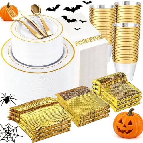 WELLIFE 700 Pieces Gold Plastic Dinnerware Set for 100 Guests - Includes Plates, Cups, Napkins, and Disposable Cutlery - Elegant White & Gold Design, Perfect for Parties and Events by WELLIFE