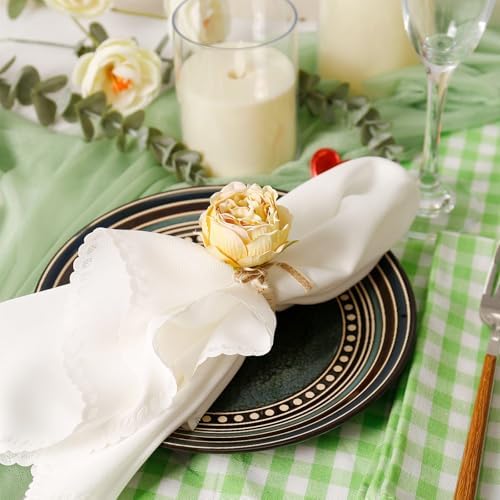 Flower Napkin Rings Set of 8, Handmade Champagne Peony Napkin Holder Floral Rings With Jute Bow Buckles for Summer, Wedding, Banquet, Birthday, Christmas, Valentine's, Thanksgiving Table Decoration - Image 3