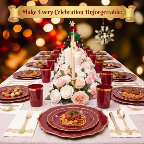 Burgundy & Gold Disposable Dinnerware Set Serves 25 People, 175 Pc Heavy Duty Plastic Plates, Cups, Gold Cutlery & Napkins, Elegant Wedding Dinnerware for Thanksgiving, Christmas & Parties - Image 6