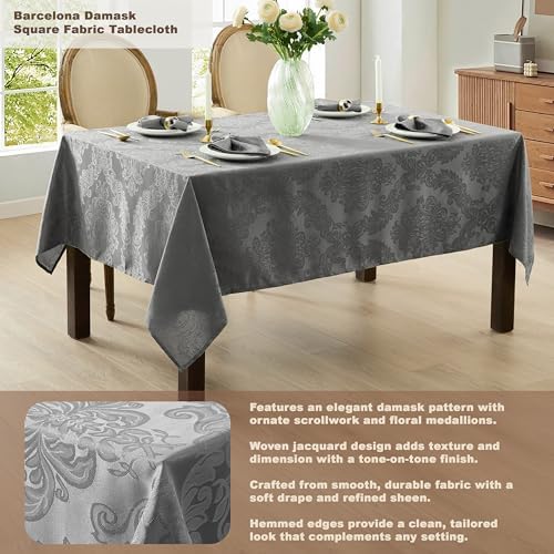 Newbridge Barcelona Damask Fabric Tablecloth, 52 x 52 Inch Square, Grey – No Iron, Soil Resistant Table Cover for Dining, Parties and Holidays - Image 3