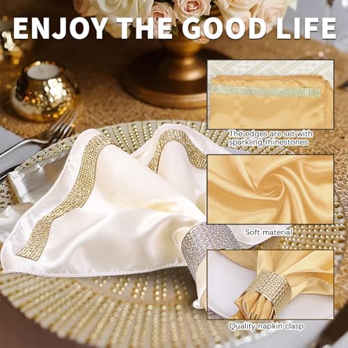VIJIV 12 Pack Cloth Napkins and Gold Napkin Rings Set of 6, 17x17 Bling Trim Satin Cocktail Napkins Cloth Washable Personalized Dinner Napkins for Wedding Party Holiday Decorative - Image 2