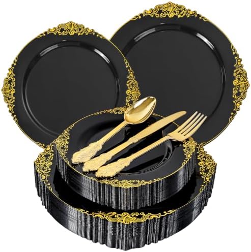 125PCS Black and Gold Plastic Plates for Wedding Party Halloween by Joyido