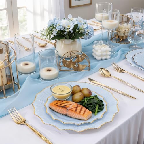 Rubtlamp 60Pcs Blue Plastic Plates - Blue Scalloped Plates with Gold Trim - 30 Gold Dinner & 30 Dessert Platos, Fancy Disposable Plates for Wedding (30 Guests) - Image 6