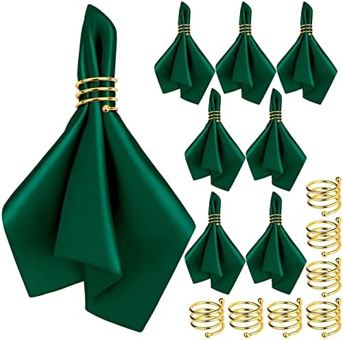 MCEAST Satin Cloth Napkins and Napkin Rings Set of 8, Smooth Fabric Table Napkins and Napkin Holder for Wedding, Birthday Dinner Party, Family Gatherings, Table Decor (Dark Green, 17 x 17 Inches) by MCEAST