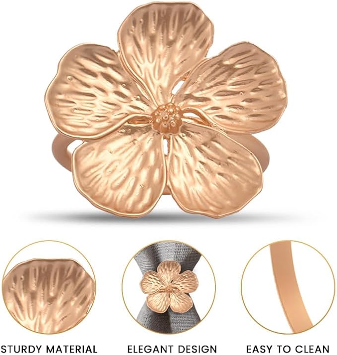 Decozen Set of 16 Gold Napkin Rings in Floral Design, Festive, Table Decor Setting for Holiday, Wedding, Birthday, Kitchen, Home Decor, Housewarming Gift - Mothers Day Decorations