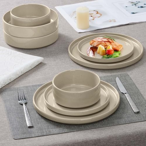 Herogo 24 Piece Dinnerware Sets with Double Bowls, Stoneware Plate and Bowls Set for 6, Ceramic Dinner Dishware for Kitchen Dining, Microwave & Dishwasher Safe, Speckled Khaki - Image 6